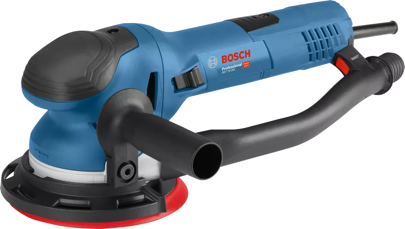 A blue Bosch 0601257170 GET 75-150 Professional Turbo Sander 240v features a black handle, black vents, round base, and power cord, with branding and model information on the side.