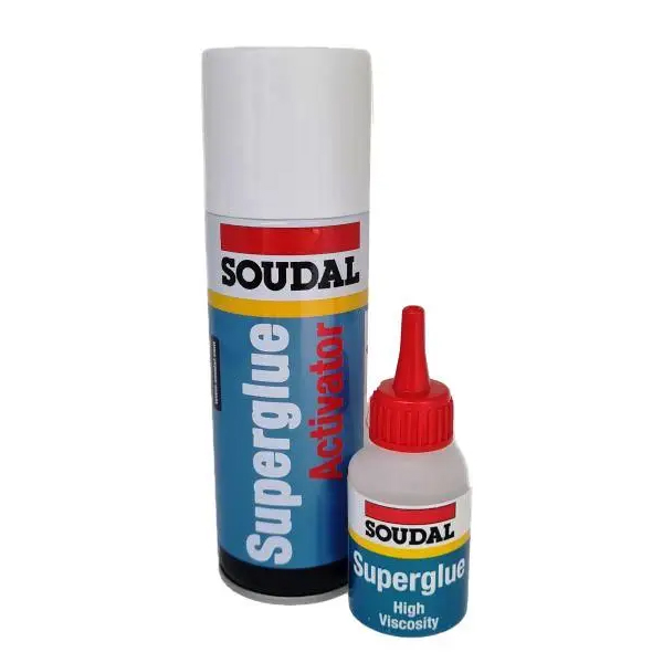 The Soudal Mitre Bond Adhesive Pack includes a tall spray can of Mitre Bond Superglue Activator and a small squeeze bottle of Superglue High Viscosity in blue, red, and white packaging.