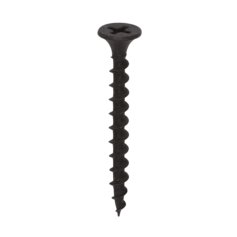 A single 75mm coarse black drywall screw with a flat Phillips head is shown vertically on white. Perfect for projects needing screws from the 75mm Course black dry wall screws (500)00075DRYC Box of 500.