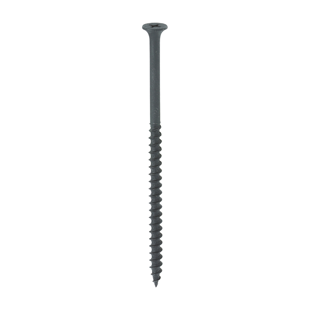 A single 75mm coarse black drywall screw with a Phillips head and sharp tip, from a box of 500 (75mm Course black dry wall screws 00075DRYC), is shown upright against a plain white background.