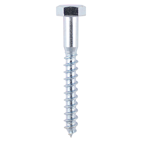A Coach Screws - Hex - Zinc 10.0 x 100 (2 Pack of 2) with a shiny finish, hex head, sharp point, and wide deep threads is shown against a white background.