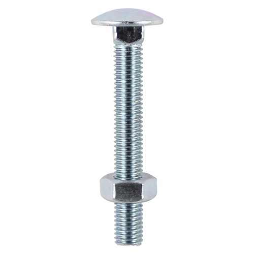 A pack of carriage bolts with rounded heads and hex nuts, shown threaded together against a plain white background.