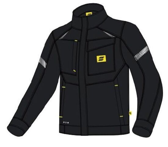 Illustration of the Esab MW2000 FR Jacket, Stretch, Black, L—features yellow accents, reflective stripes on the upper arms, a high collar, and multiple pockets including a left chest pocket with a yellow rectangular patch.