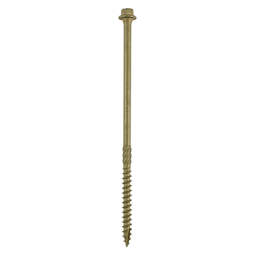 The Timber Screws - Hex Head - Exterior - Green 6.7 x 150 feature a long, partially threaded shank with a pointed tip and hex head, making them ideal for exterior woodworking applications.