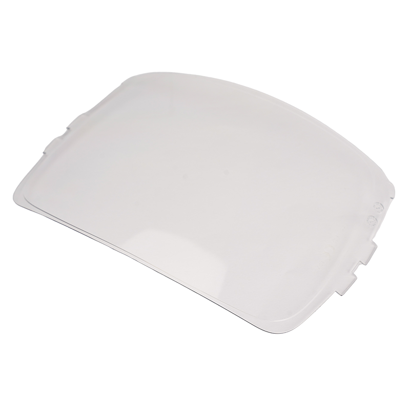 A transparent, rectangular plastic cover with rounded corners and small notches along the edges, photographed on a white background.