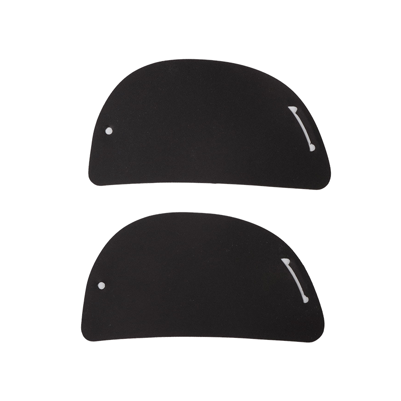 Two black, semi-circular plastic dough scrapers with rounded edges and a small hole in one corner, placed side by side on a white background.