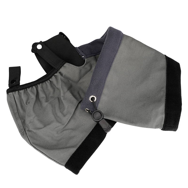 A pair of grey and black gaiters with adjustable straps and elastic bands, designed to cover and protect the lower legs and ankles, commonly used for hiking or outdoor activities.