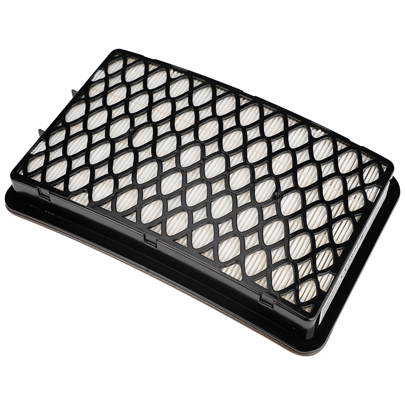 A rectangular air filter with a black plastic grid frame and white pleated filter material, shown on a white background.