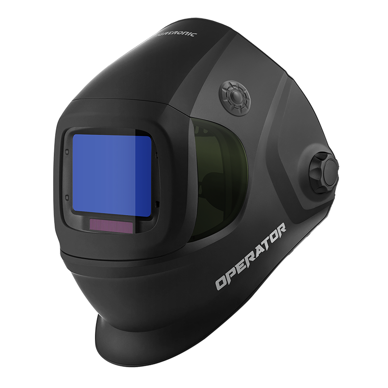 A black welding helmet with a blue viewing screen and the word OPERATOR printed on the side. The helmet features side knobs and a dark, modern design.