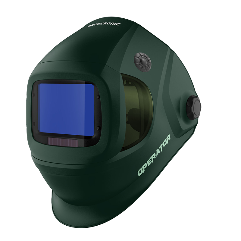 A dark green welding helmet with a blue-tinted viewing window, labeled OPERATOR on the side and FRONIUSONIC on top, featuring adjustment knobs on the sides.