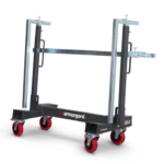 The Armorguard LoadAll™ LA750-PRO is a metal cart with upright supports and four red swivel caster wheels, designed to transport large flat materials such as glass or panels.