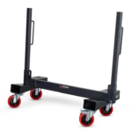 The Armorgard LoadAll™ LA750 Trolley is a black metal trolley with four red and silver swivel castor wheels, designed for transporting or holding large, heavy items.