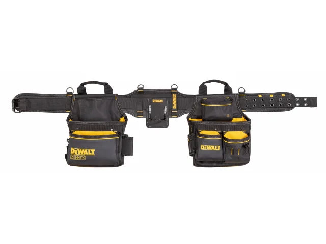 The Dewalt DWST40603 Pro Tool Rig, in black and yellow, features multiple pouches, pockets, and loops for tool storage and accessories, shown laid flat on a white background.