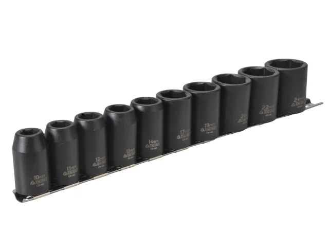 The 1/2in Drive 9121 Impact Socket Set includes 10 black, deep sockets (10–22mm) organized by size on a metal rail.