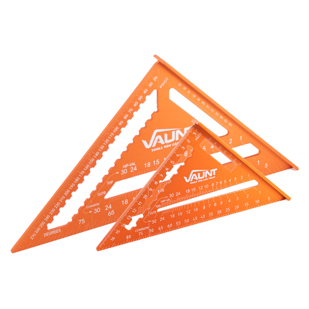 Two orange triangular rulers of different sizes, both labeled VAUNT, with measurement markings along the edges and cutout handles in the center. The rulers are stacked and angled against each other.