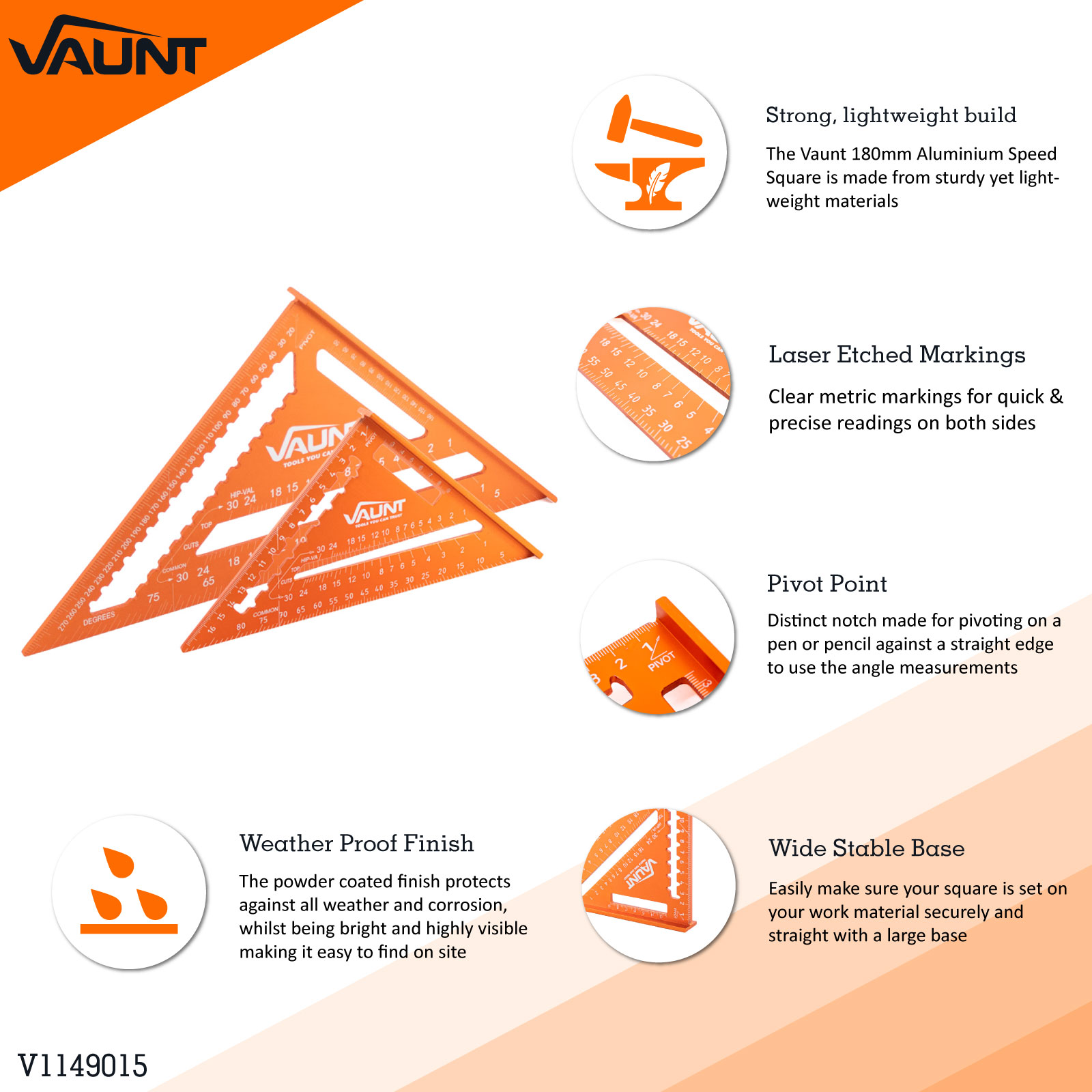 An orange Vaunt 180mm aluminium speed square is shown with close-ups of its features: strong lightweight build, clear laser-etched markings, a pivot point, wide stable base, and weatherproof powder-coated finish.