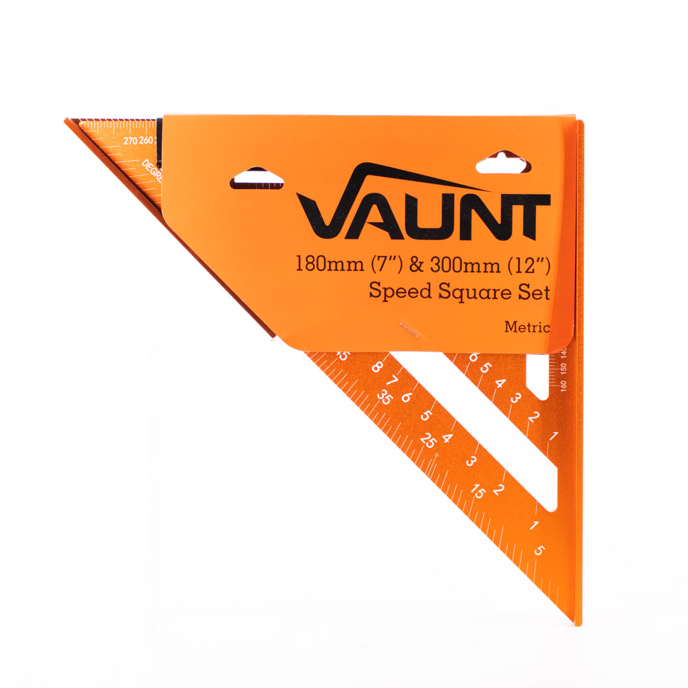 An orange Vaunt speed square set with metric measurements, showing two triangular rulers—one 180mm (7) and one 300mm (12)—overlapping. The rulers have cut-out slots and the Vaunt logo is visible.