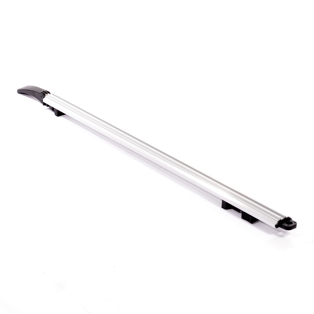 A silver aluminum roof rack cross bar with black plastic end caps and mounting brackets, shown on a white background.