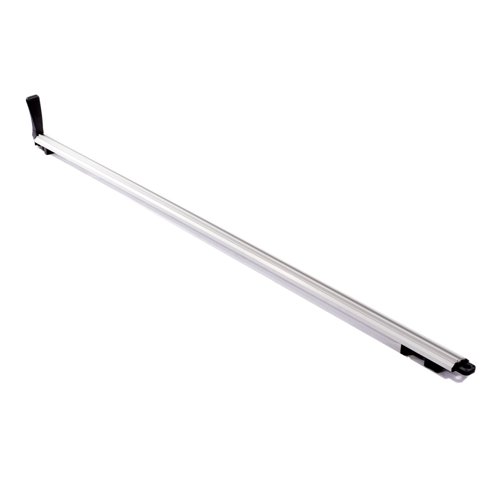 A long, silver metal roof rack crossbar with black plastic end attachments, shown on a white background.