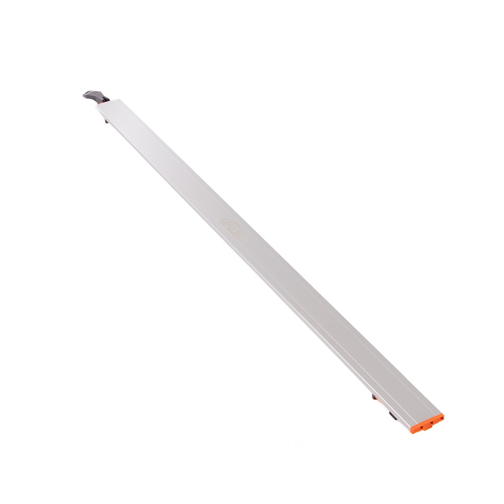 A long, straight metal track with an orange end and a hook-like attachment, likely a guide rail for use with power tools such as a circular saw. The background is plain white.