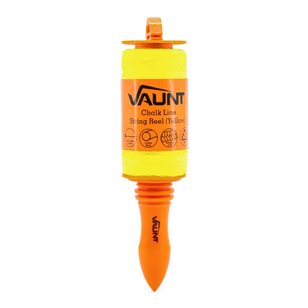 A yellow chalk line string reel with an orange handle and cap, labeled VAUNT Chalk Line String Reel (Yellow), shown upright against a white background.