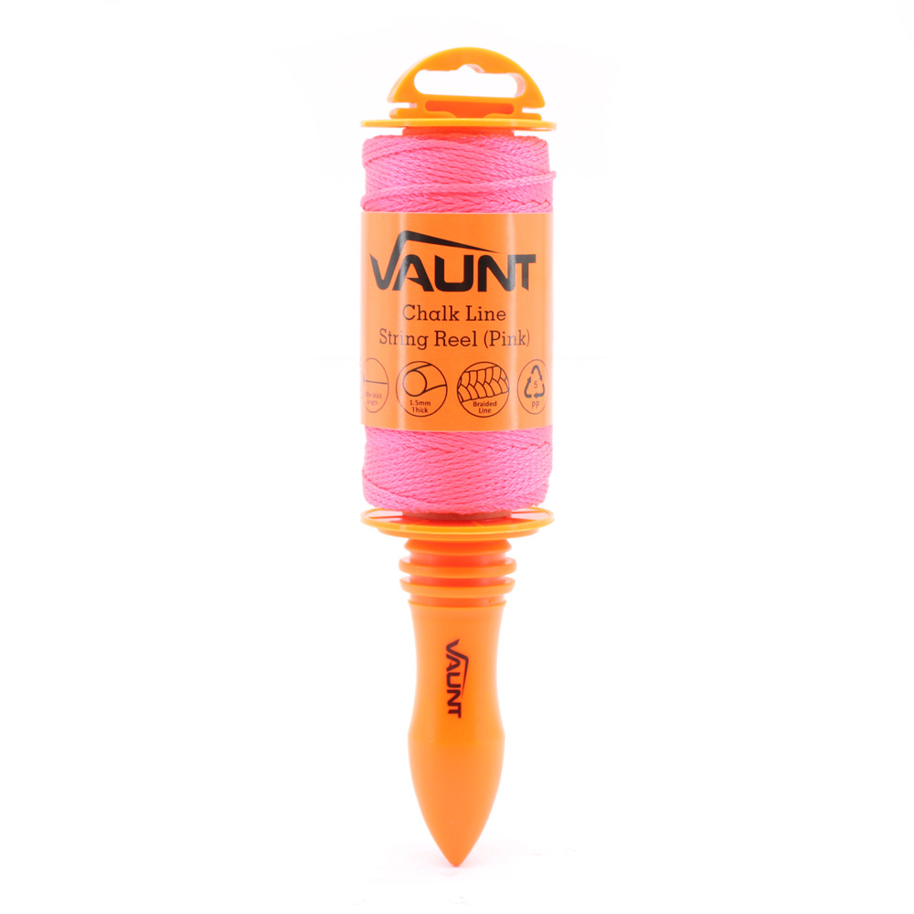 A spool of pink chalk line string labeled VAUNT Chalk Line String Reel (Pink) with an orange handle and pointed end, designed for marking straight lines in construction or carpentry.