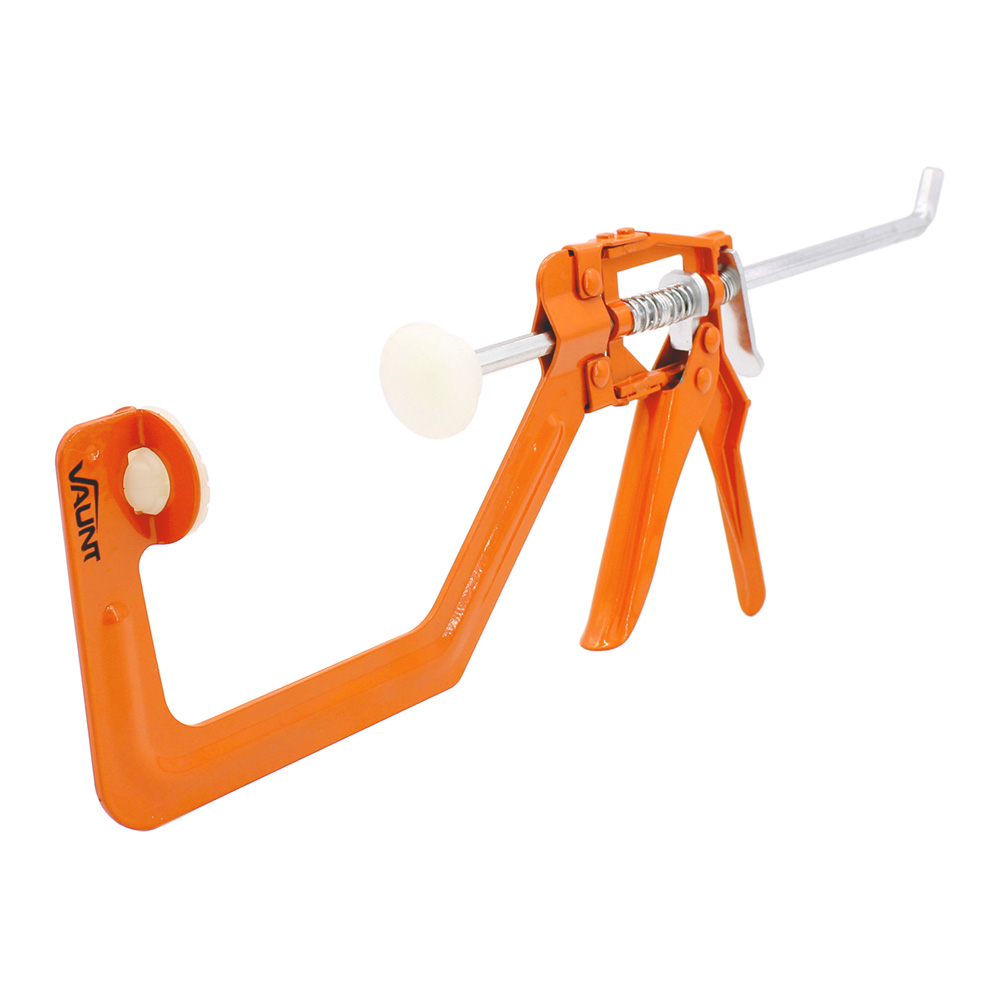 An orange plastic and metal bone reduction forceps with white padded tips, designed for orthopedic surgical procedures, resting on a white background.