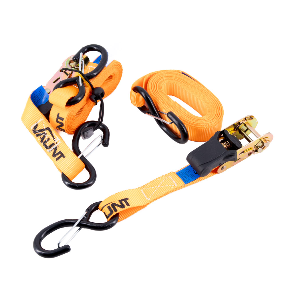 Two orange ratchet tie-down straps with black hooks and metal ratchet mechanisms are coiled and displayed on a white background.