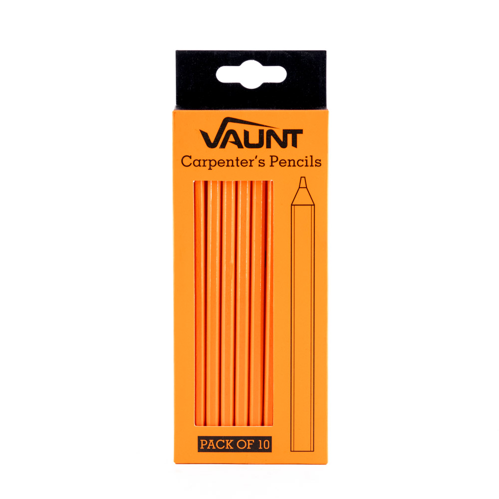 An orange box labeled VAUNT Carpenters Pencils containing 10 flat carpenters pencils, with a drawing of a pencil and a cutout showing the pencils inside.