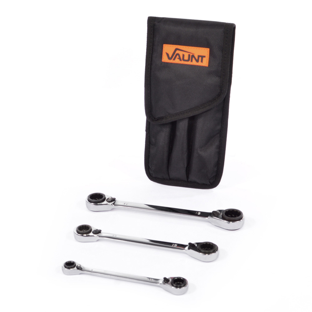 A set of three double-ended ratcheting wrenches in front of a black fabric tool pouch labeled VAUNT. The pouch has three compartments for storing the wrenches.