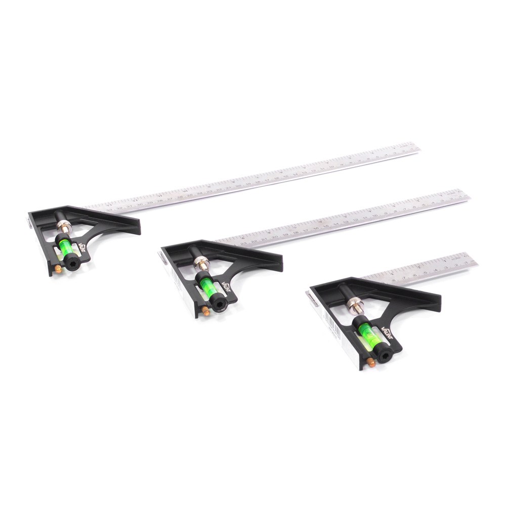 Three combination squares with metal rulers and black handles, each featuring a built-in green bubble level and a scribe, are arranged on a white background.