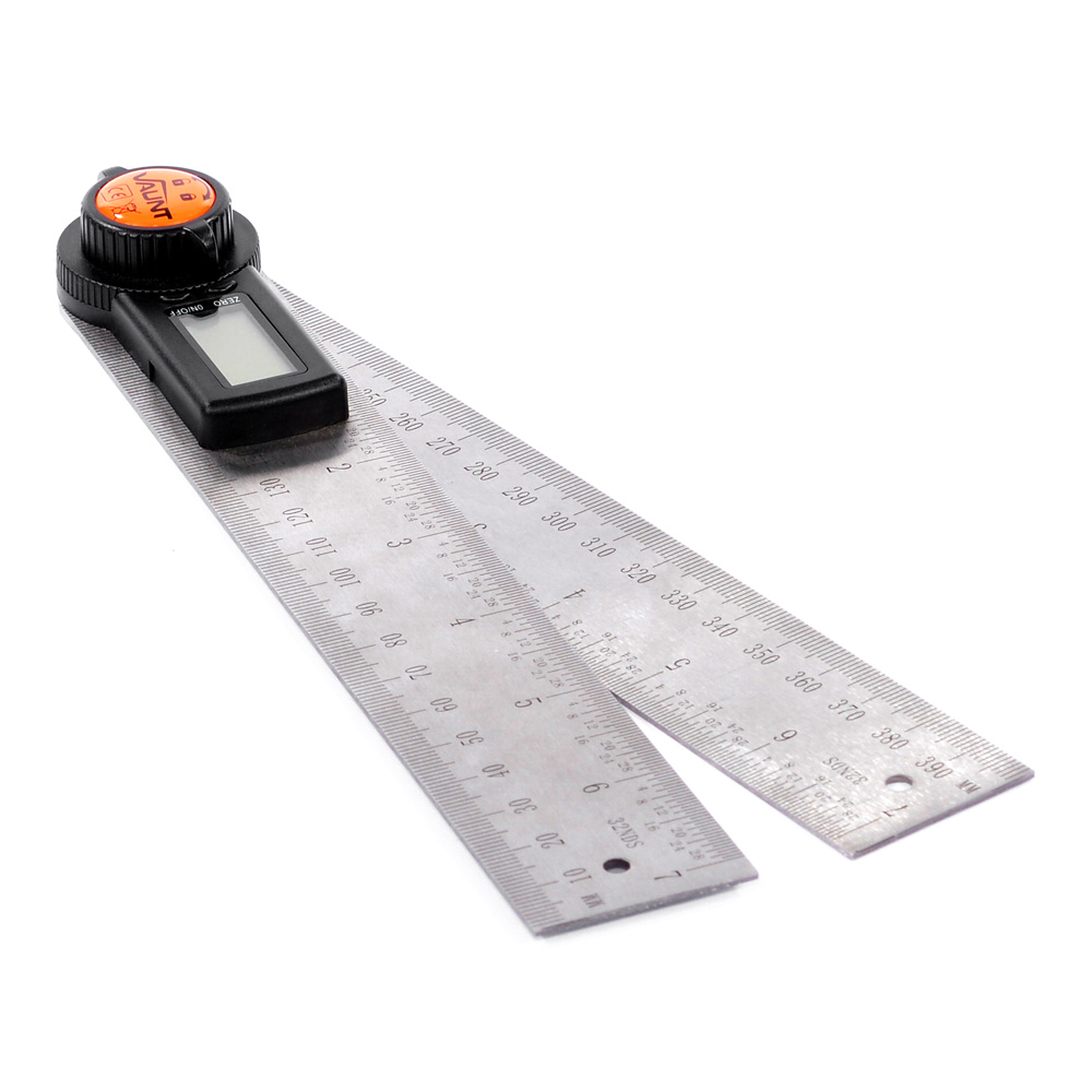 A digital angle ruler with two metal arms and an LCD display, used for measuring angles and lengths, is shown open on a white background.
