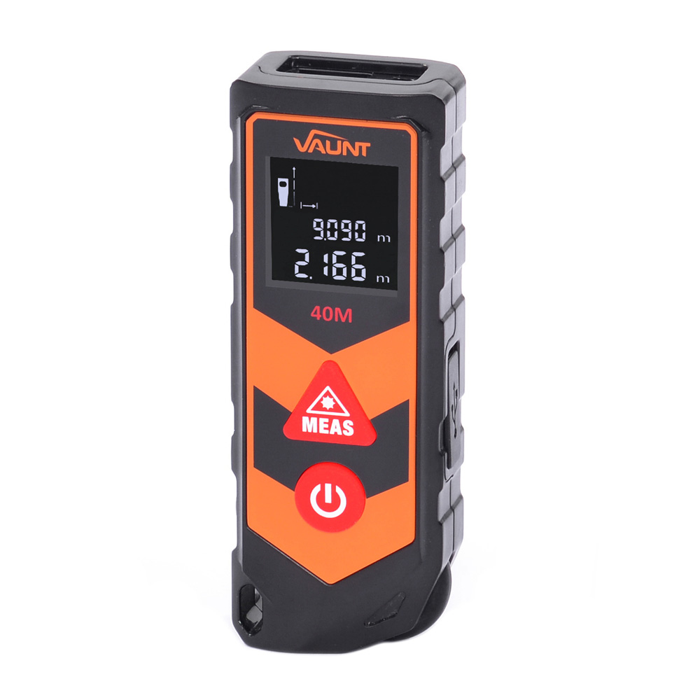 A black and orange handheld digital laser distance measurer with a display screen showing measurement readings and buttons labeled MEAS and power symbol. The device is branded VAUNT and marked 40M.
