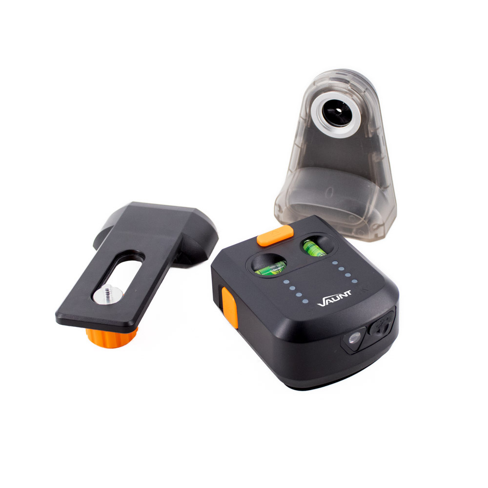 Three tools are shown: a digital level with two green bubble vials, a black mounting bracket with an orange knob, and a translucent gray laser device, all placed on a white background.