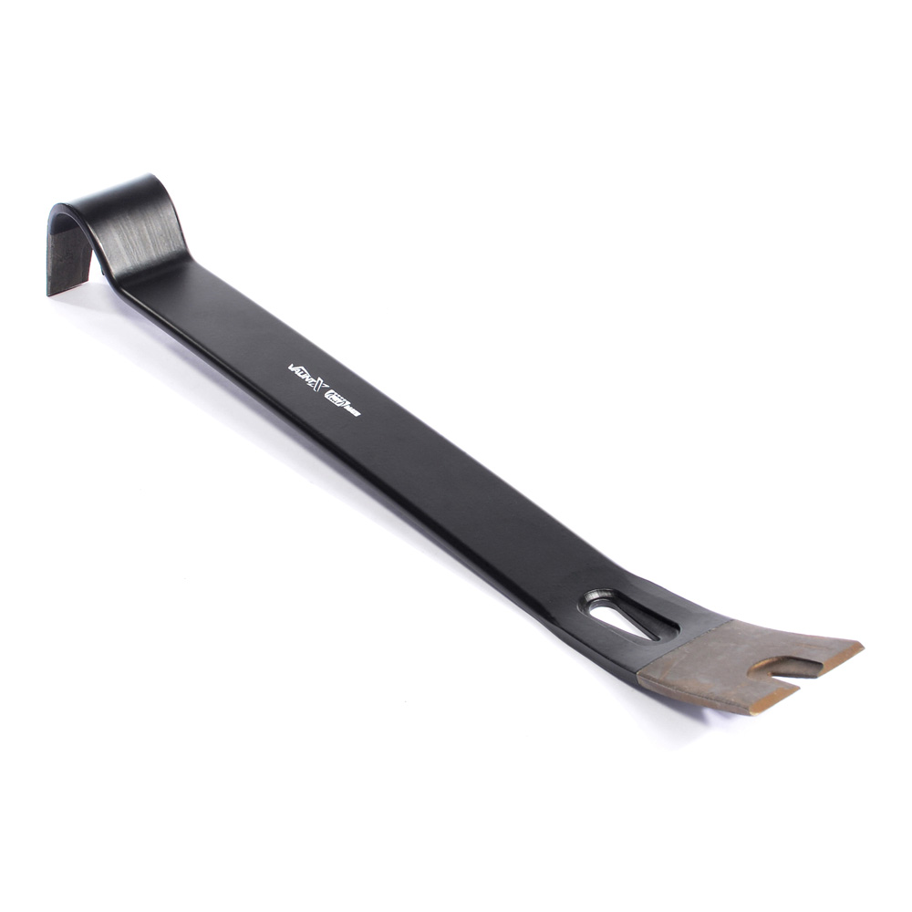 A black metal pry bar with a curved end and a flat, beveled tip for prying, lying on a white background.