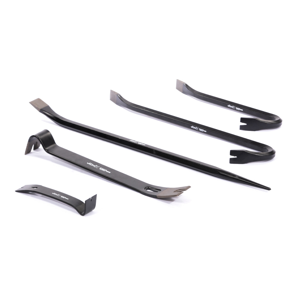 Five black pry bars of varying lengths and shapes are arranged on a white background, each designed for different prying and lifting tasks.