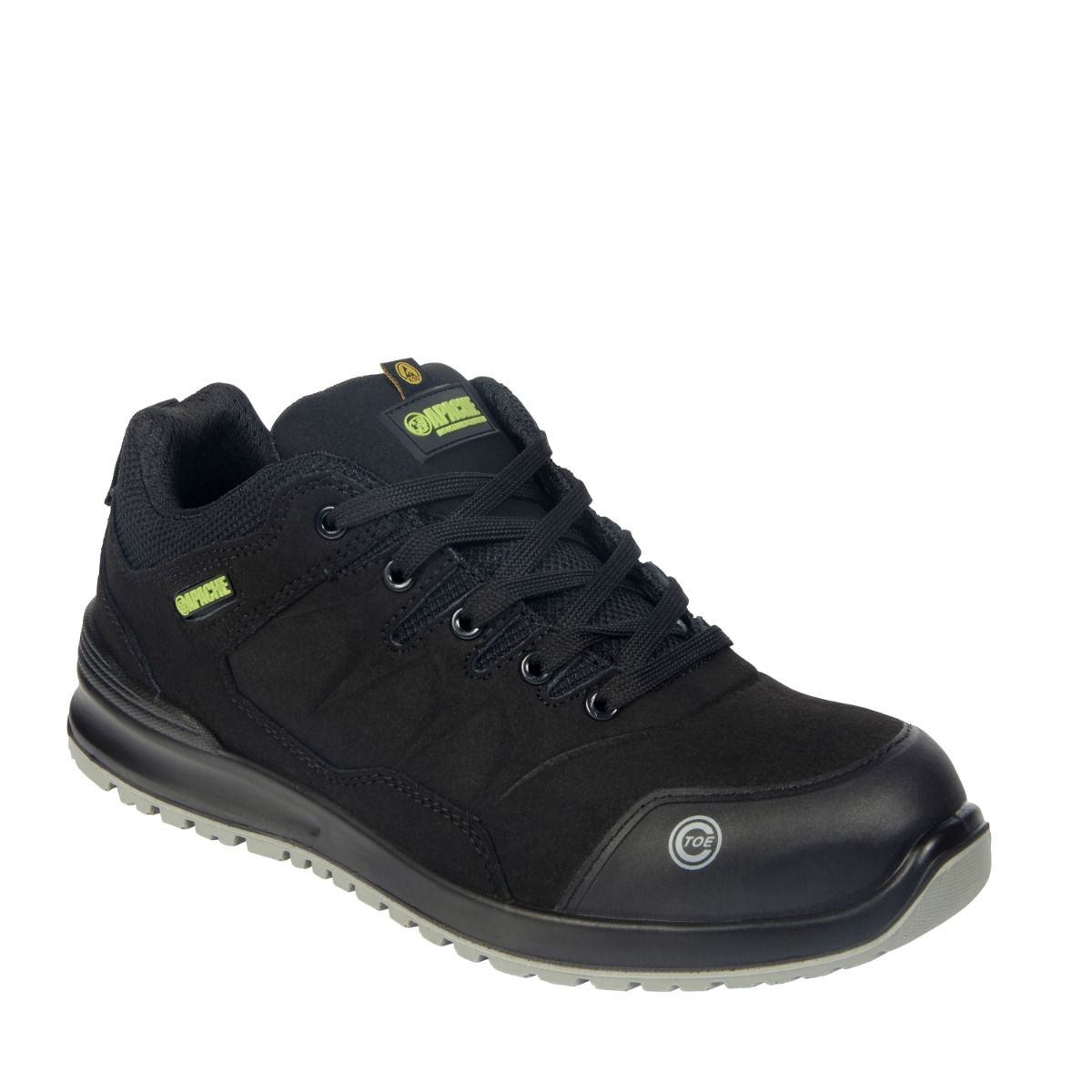 The Apache Brampton S3S Non-Metallic Safety Trainers 10 feature a black lace-up design, reinforced toe, textured gray sole, padded collar, and green-gray brand labels—for superior comfort and protection.