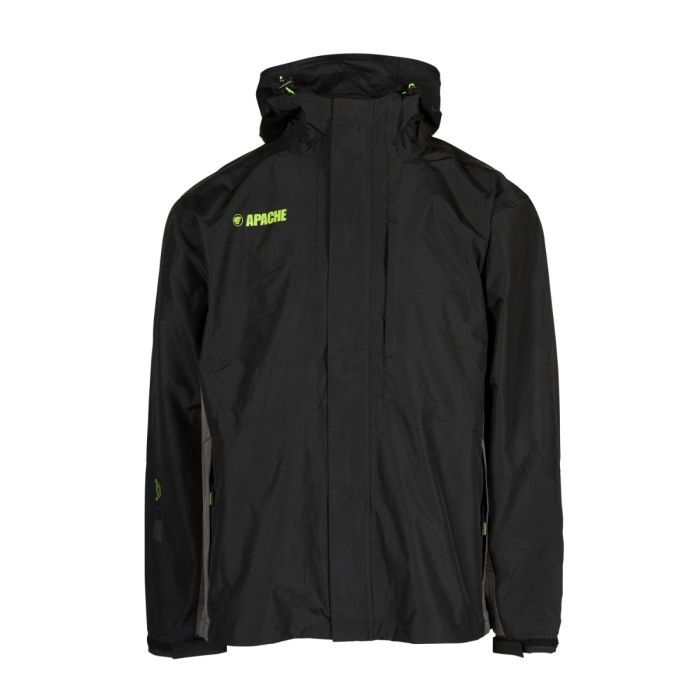 The Apache Welland Waterproof Jacket L, black with yellow APACHE logos on the left chest and upper right sleeve, has a front zipper with a flap and gray side accents. It is displayed on a plain white background.