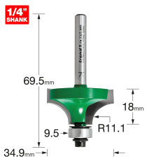 The Trend Rounding ove router bit features an 11.1mm radius, 18mm cut height, 34.9mm width, 9.5mm bearing height, 69.5mm length, and a 1/4” shank in green and silver finish.