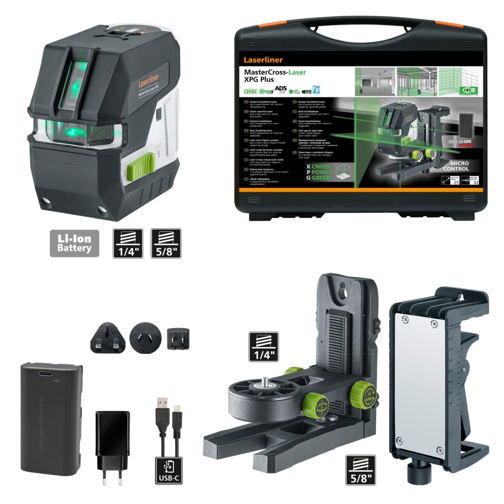 The Laserliner XPG Plus laser level kit includes a green laser device, carrying case, mounting bracket, lithium-ion battery, charger, USB-C cable, and international adapters; icons highlight its key features and specs.