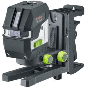 The Laserliner MasterCross-Laser XPG is a black and green cross line laser tool with adjustment knobs, precision markings, and a visible laser window, mounted on a bracket for accurate alignment.