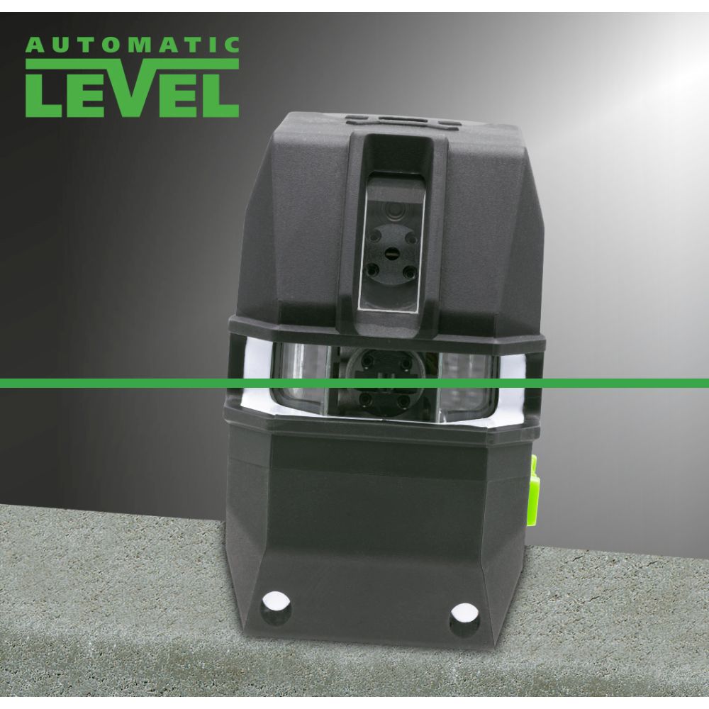 A black Laserliner XPG Plus projects a vivid green horizontal line across a gray surface.