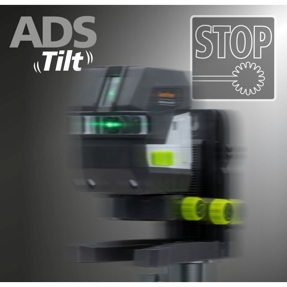 A blurred, dark gray Laserliner XPG Plus laser level with green accents emits a visible green laser. A STOP sign with a gear symbol indicates its automatic stop function when tilted.