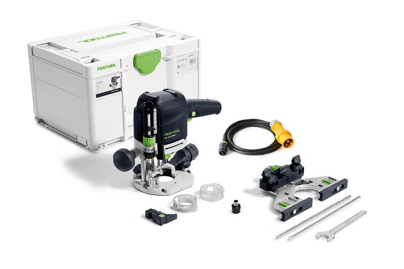 A Festool router kit with router, storage box, cable, accessories, wrenches, and precision guide laid out on a white background.