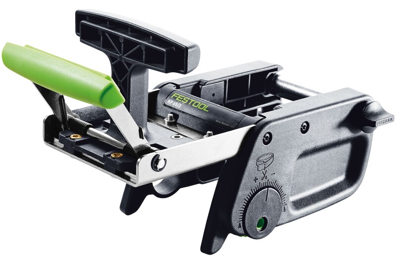 A black and green Festool tool accessory with a handle, adjustment knob, and mounting base, designed for precise positioning and secure clamping during woodworking tasks.