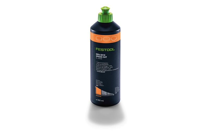 A black bottle of Festool MPA 5010 Speed Cut polishing compound with a green cap and orange label, standing upright on a white background.