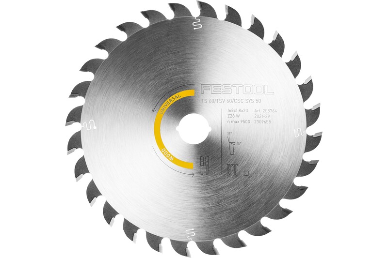 A circular saw blade with sharp, evenly spaced teeth around the edge, labeled FESTOOL and marked with technical specifications and a yellow section indicating UNIVERSAL WOOD.