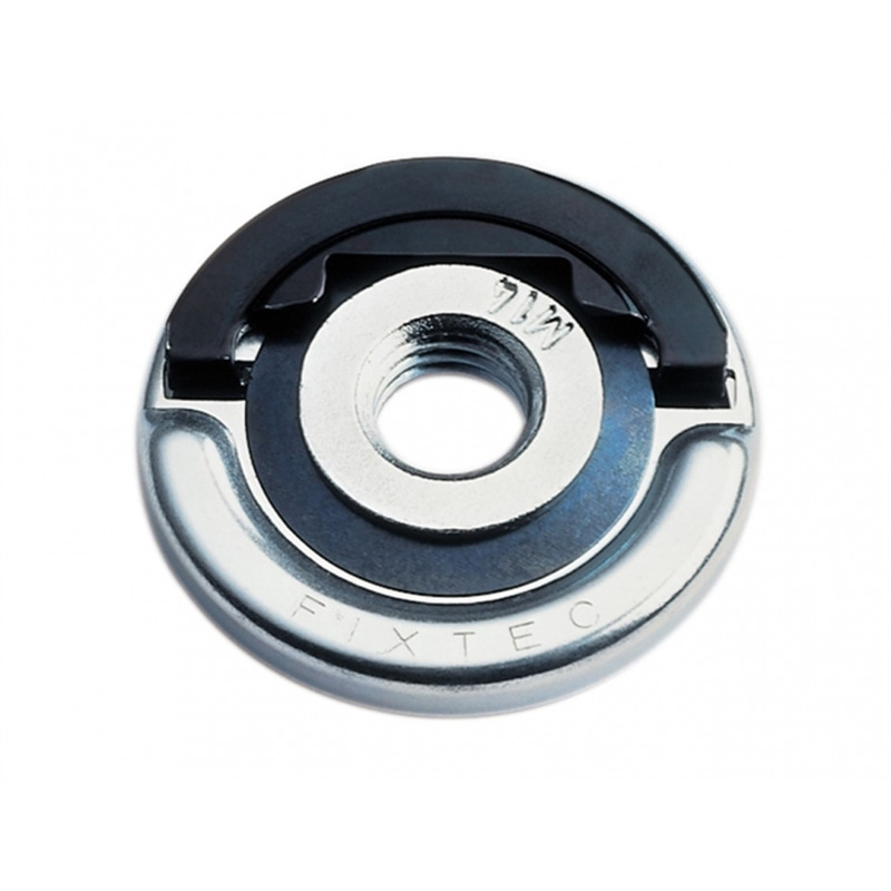 A close-up of a FIXTEC quick-lock nut, used for securing grinding or cutting discs on angle grinders. The nut is metallic with engraved text and has a central threaded hole.