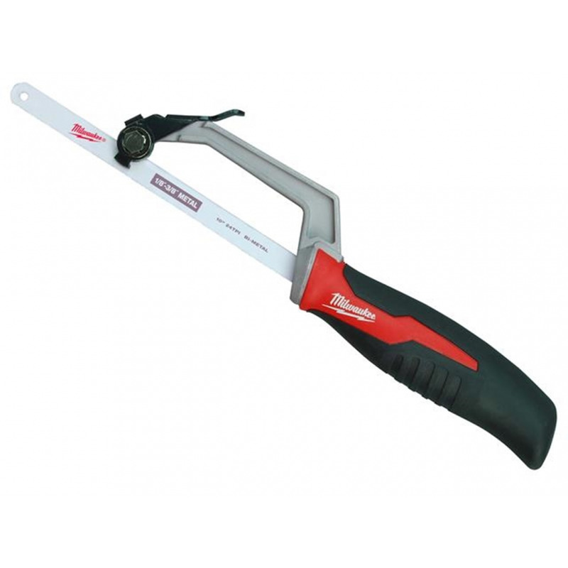 A Milwaukee mini hacksaw with a black and red ergonomic handle and a small metal blade, designed for cutting metal and other materials.
