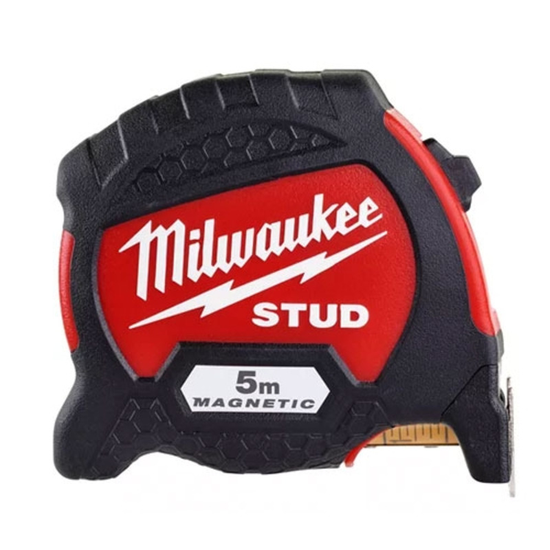 A Milwaukee Stud tape measure with a red and black casing, labeled 5m Magnetic on the front. The tape is partially extended and the Milwaukee logo is prominently displayed.